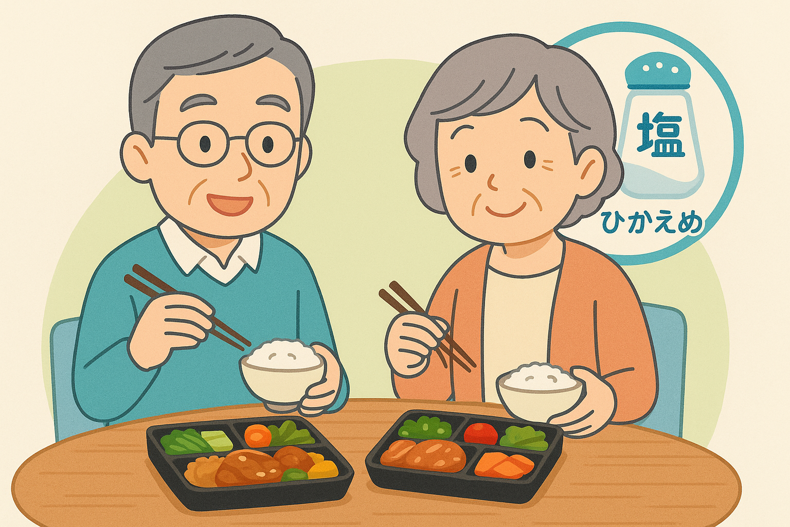 減塩を意識したシニア向け宅配弁当のイメージイラスト