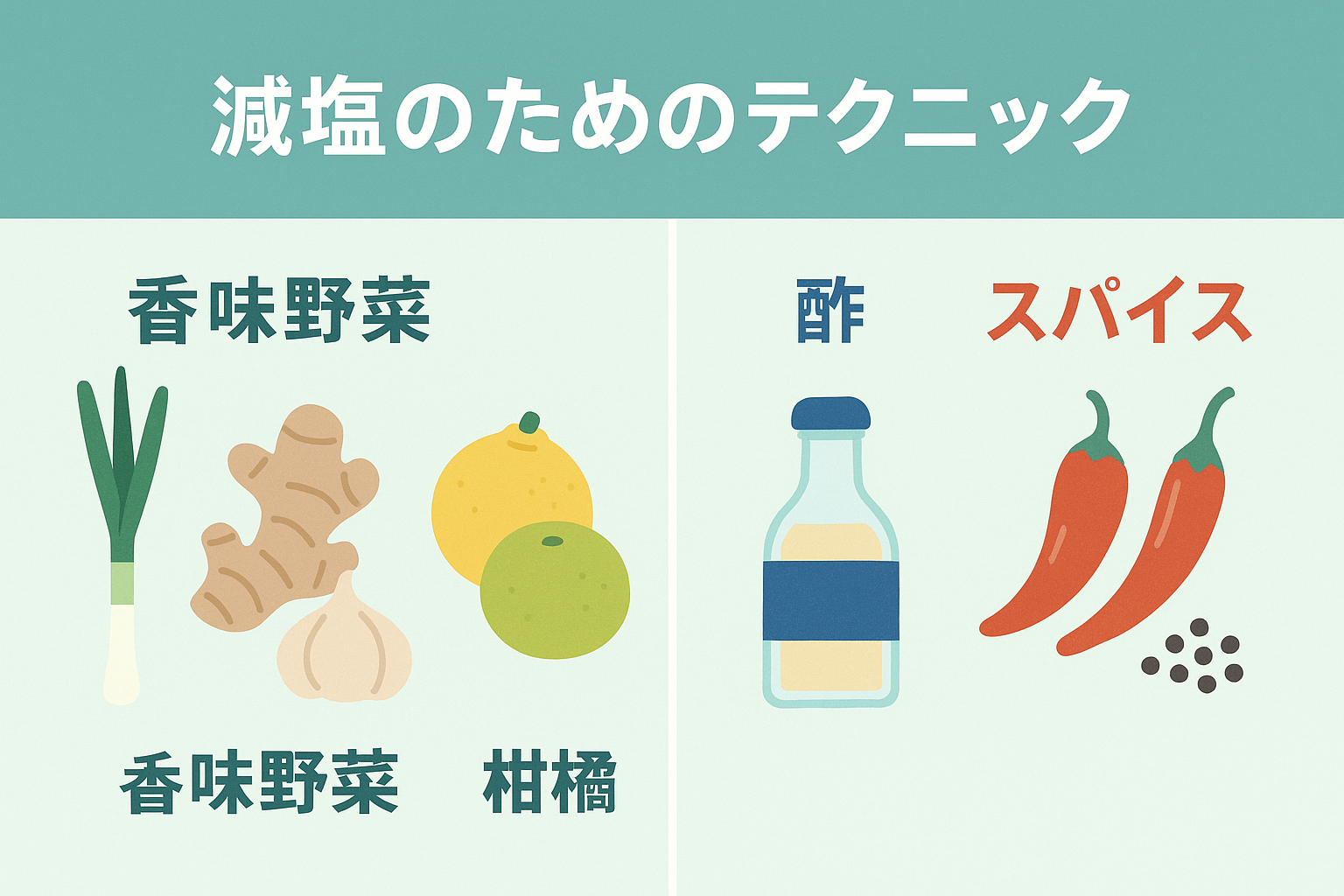 香味野菜・柑橘・お酢・スパイスなど減塩の味付け工夫を示す図解