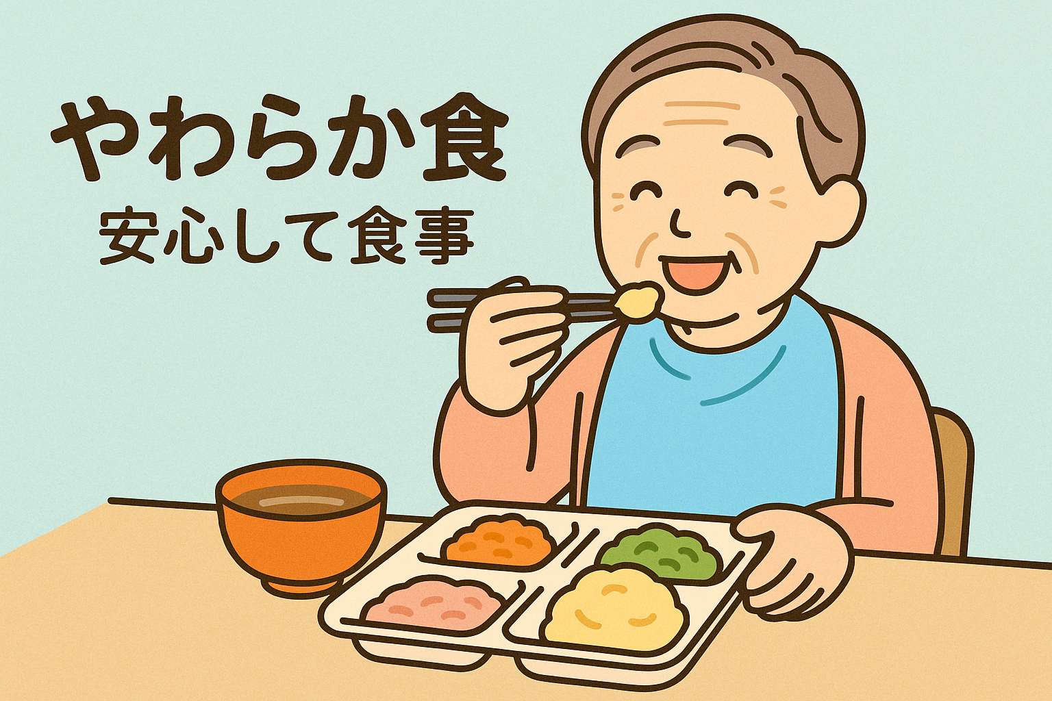 嚥下障害に配慮したやわらか食を食べるシニアのイラスト