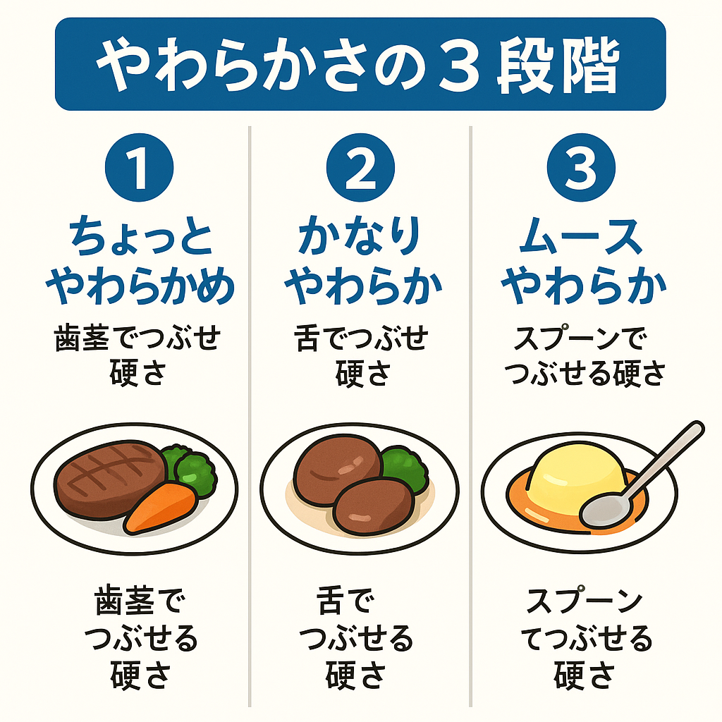 やわらか食の段階（ちょっと／かなり／ムース）を示す図解