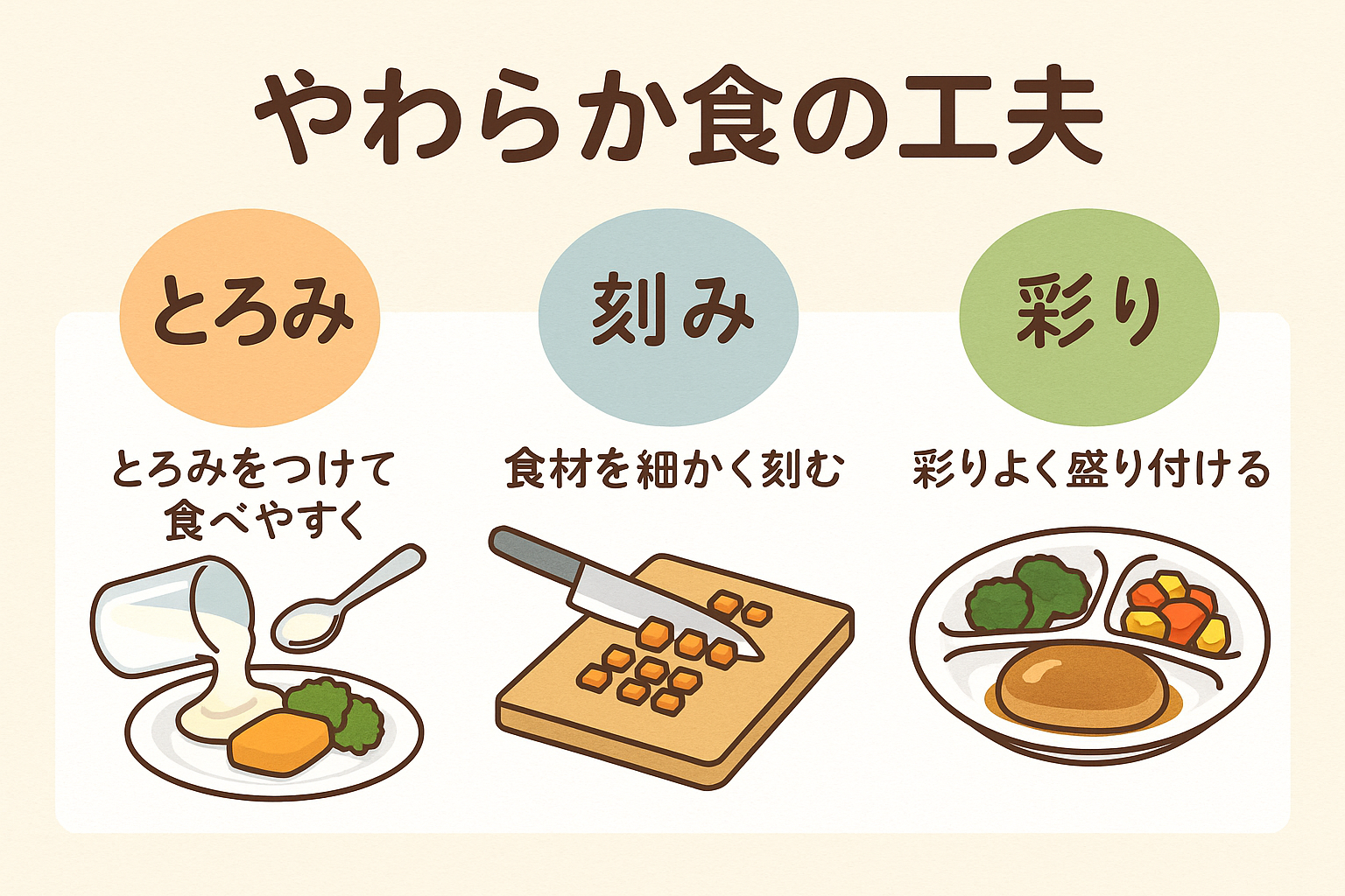 やわらか食の工夫（とろみ・刻み・彩り）を示す図解