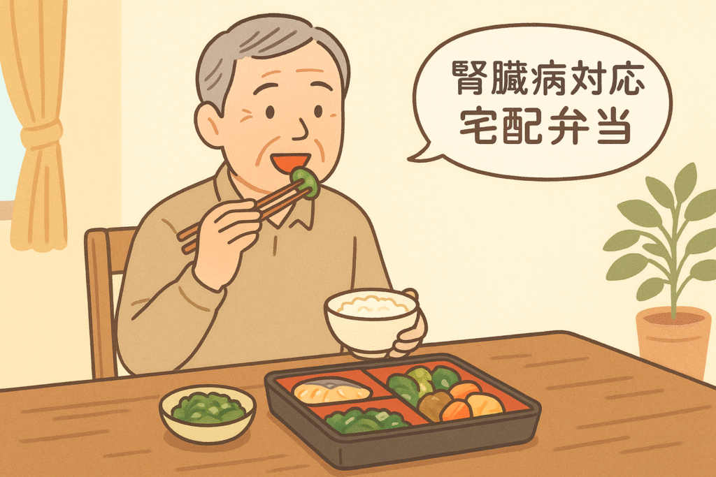 腎臓病対応宅配弁当を食べるシニアのイラスト