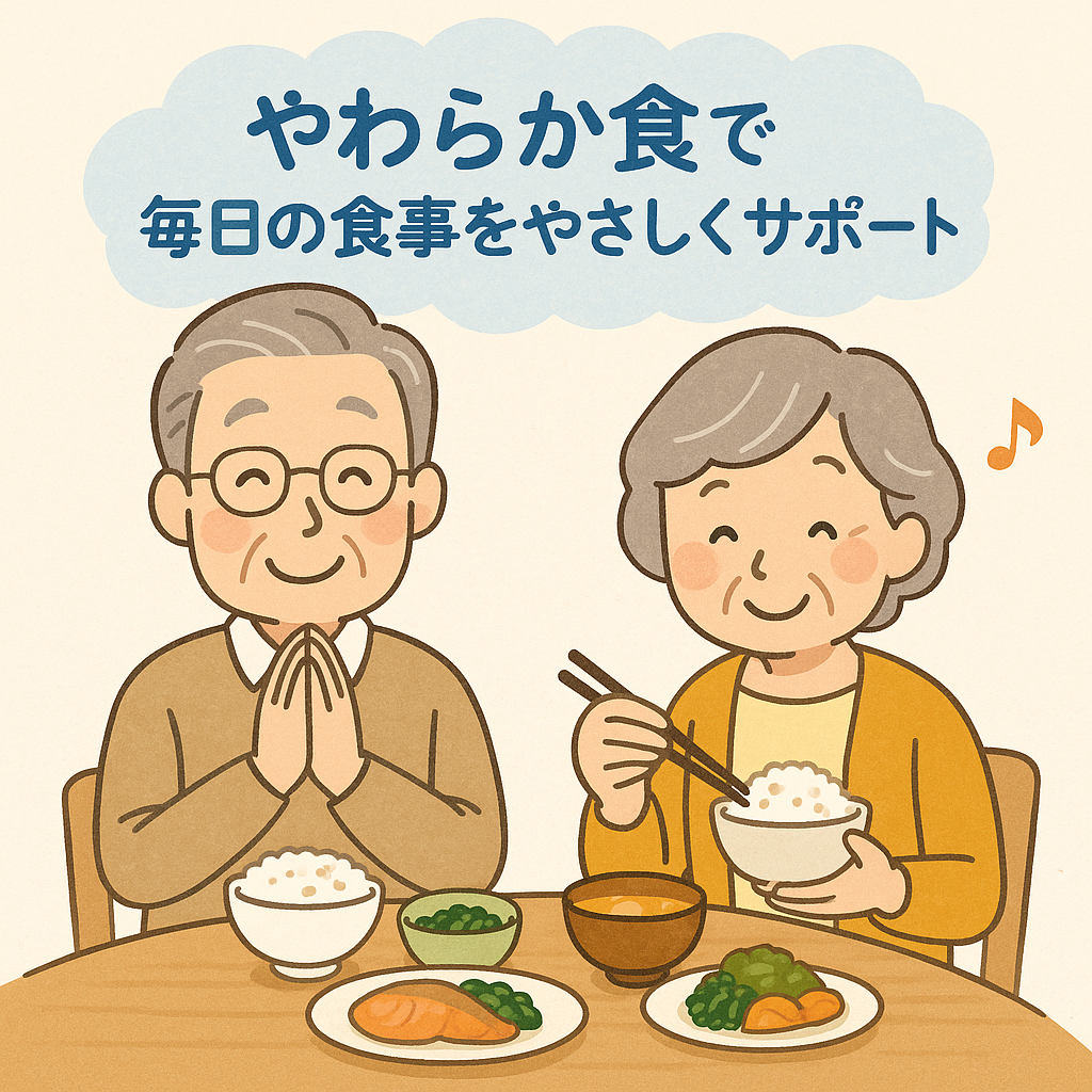 食卓を囲むシニア夫婦のイラスト（やわらか食のイメージ）